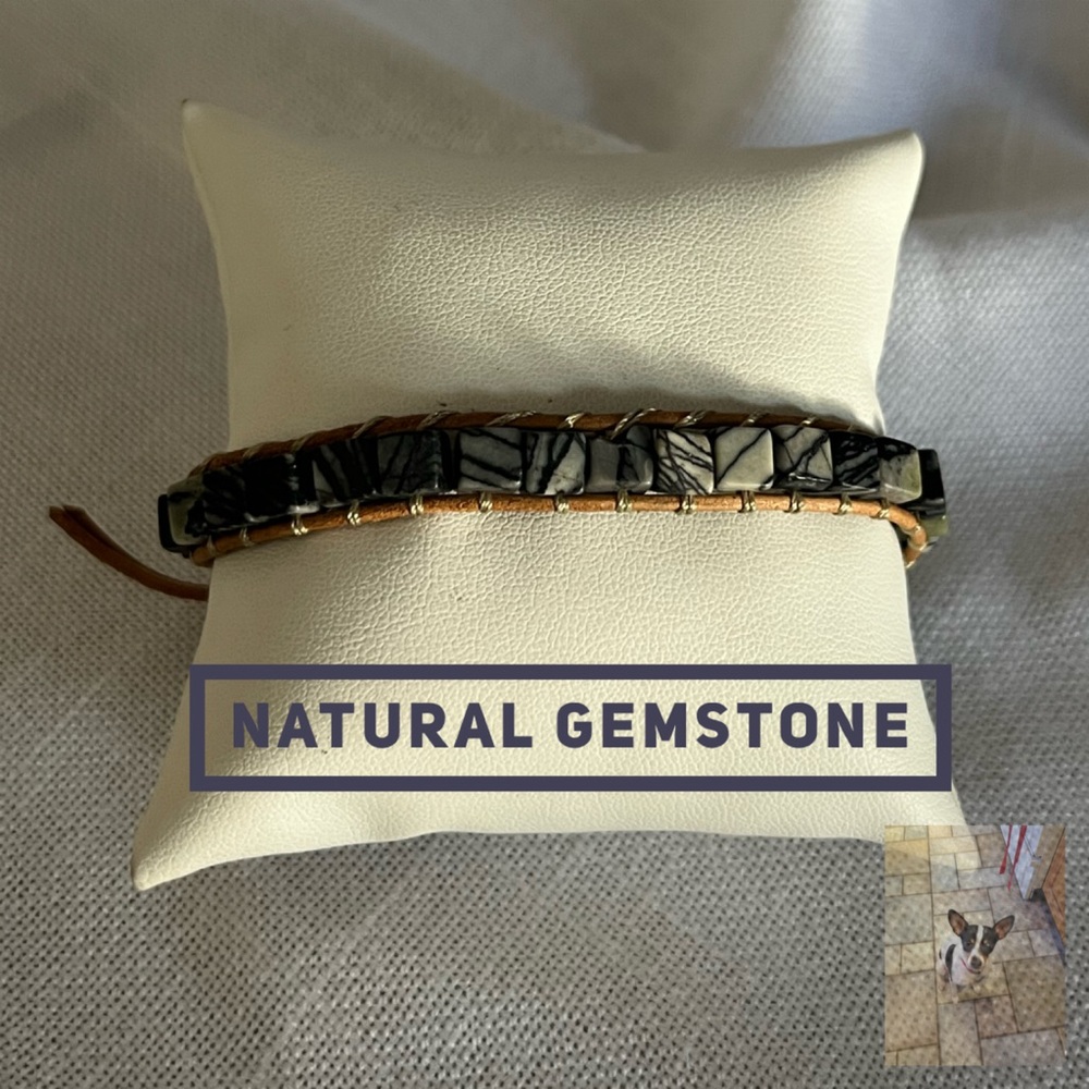 Natural Gemstone and Leather Bracelet